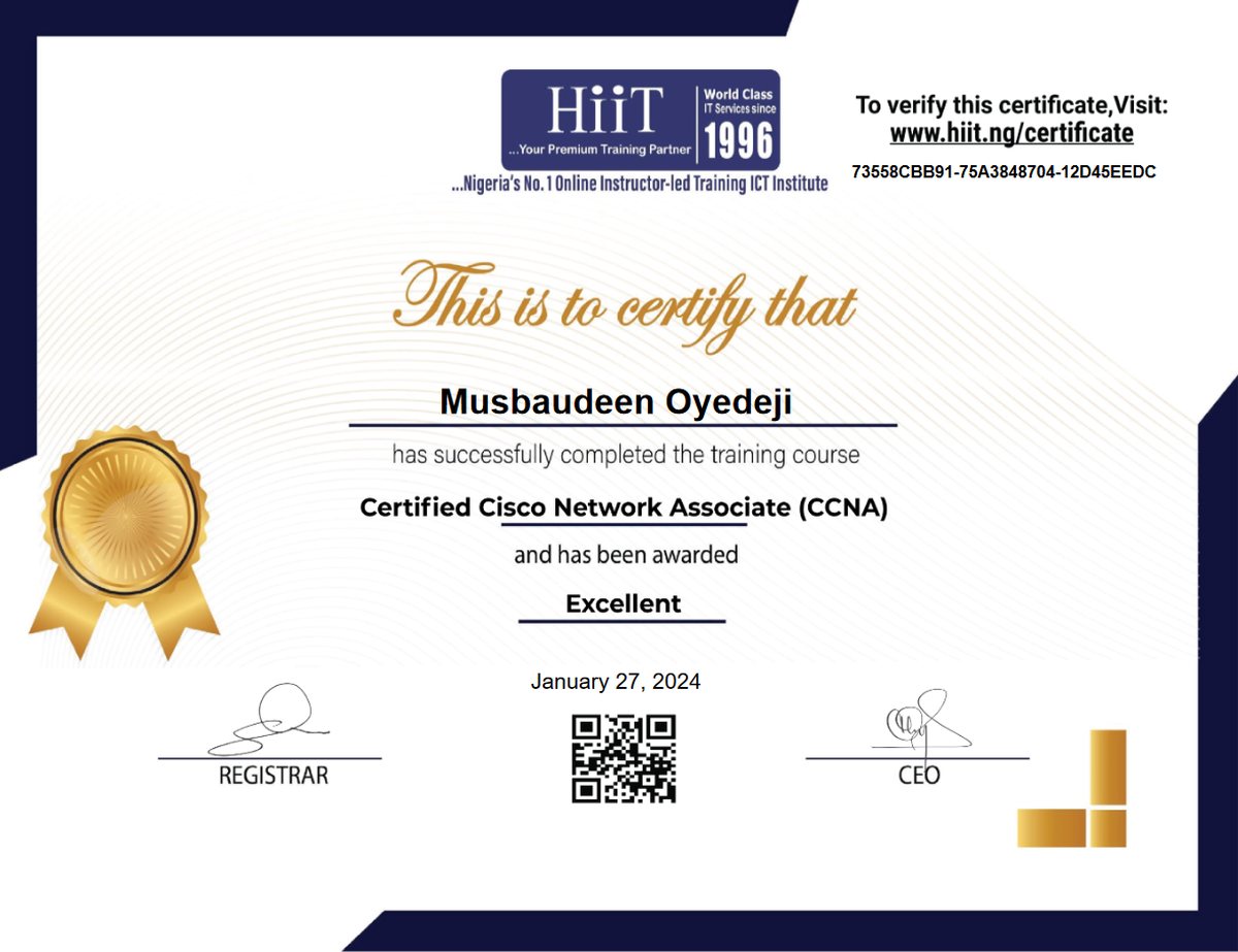 CCNA training certificate from HiiT Nigeria
