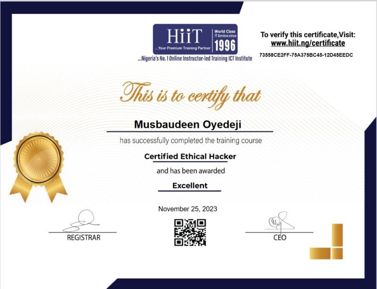 Certified Ethical Hacker training certificate from HiiT Nigeria