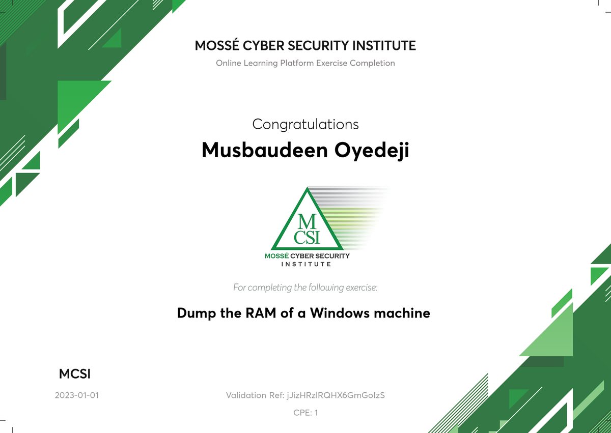 MCSI exercise certificate for dumping the RAM of a Windows machine