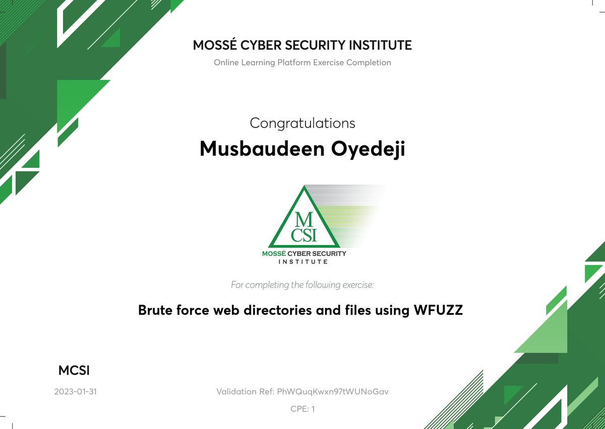 MCSI exercise certificate for brute forcing web directories and files using WFUZZ