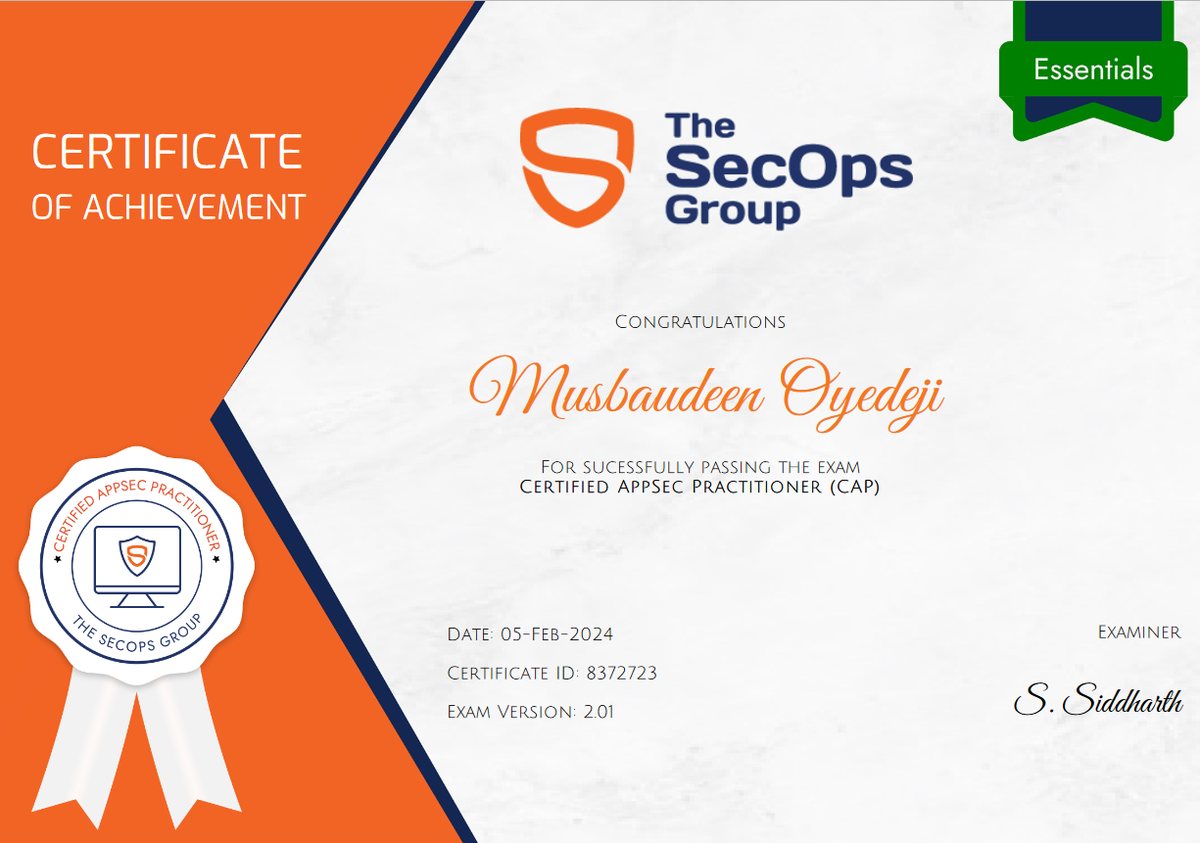 Certified AppSec Practitioner certificate from The SecOps Group