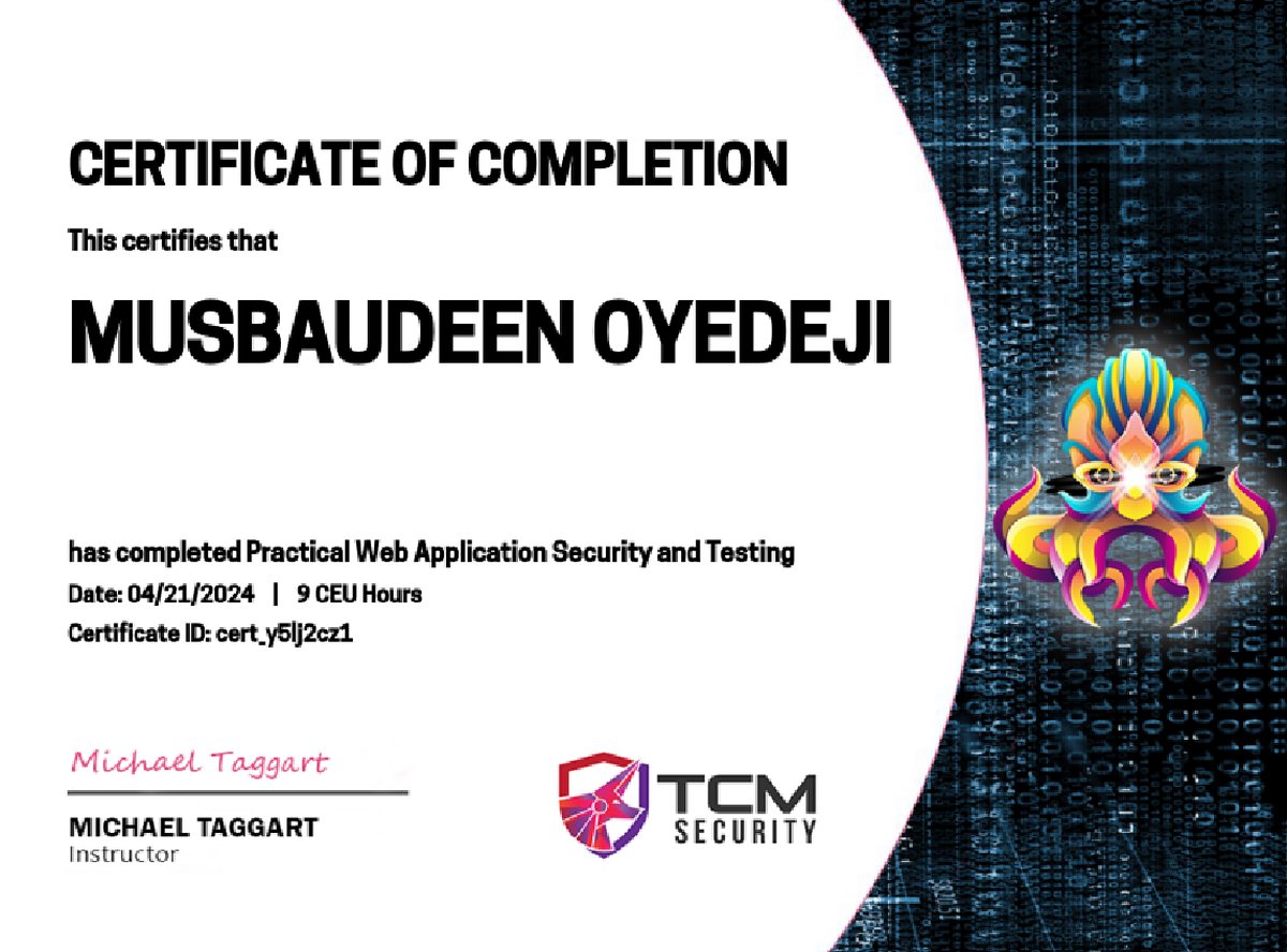Practical Web Application Security and Testing certificate from TCM Security