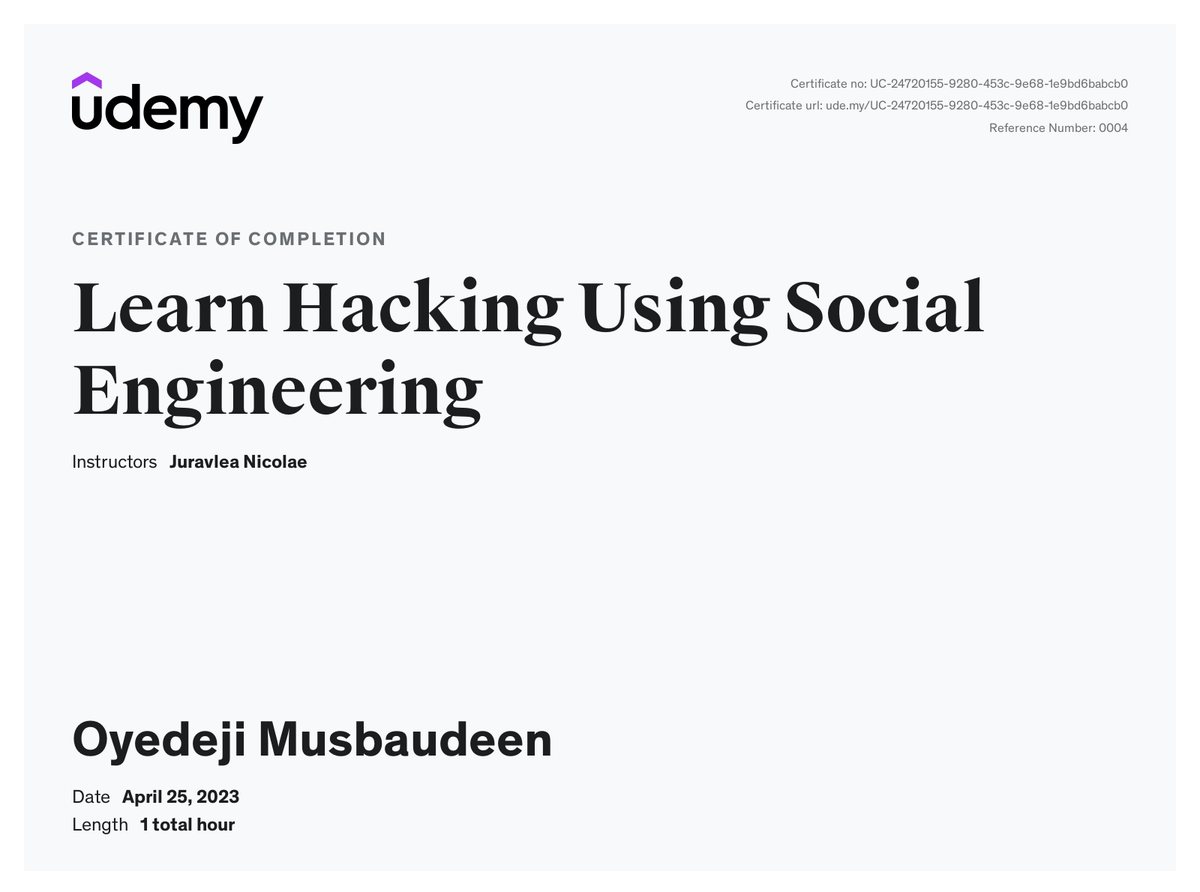 Udemy certificate for Learn Hacking Using Social Engineering