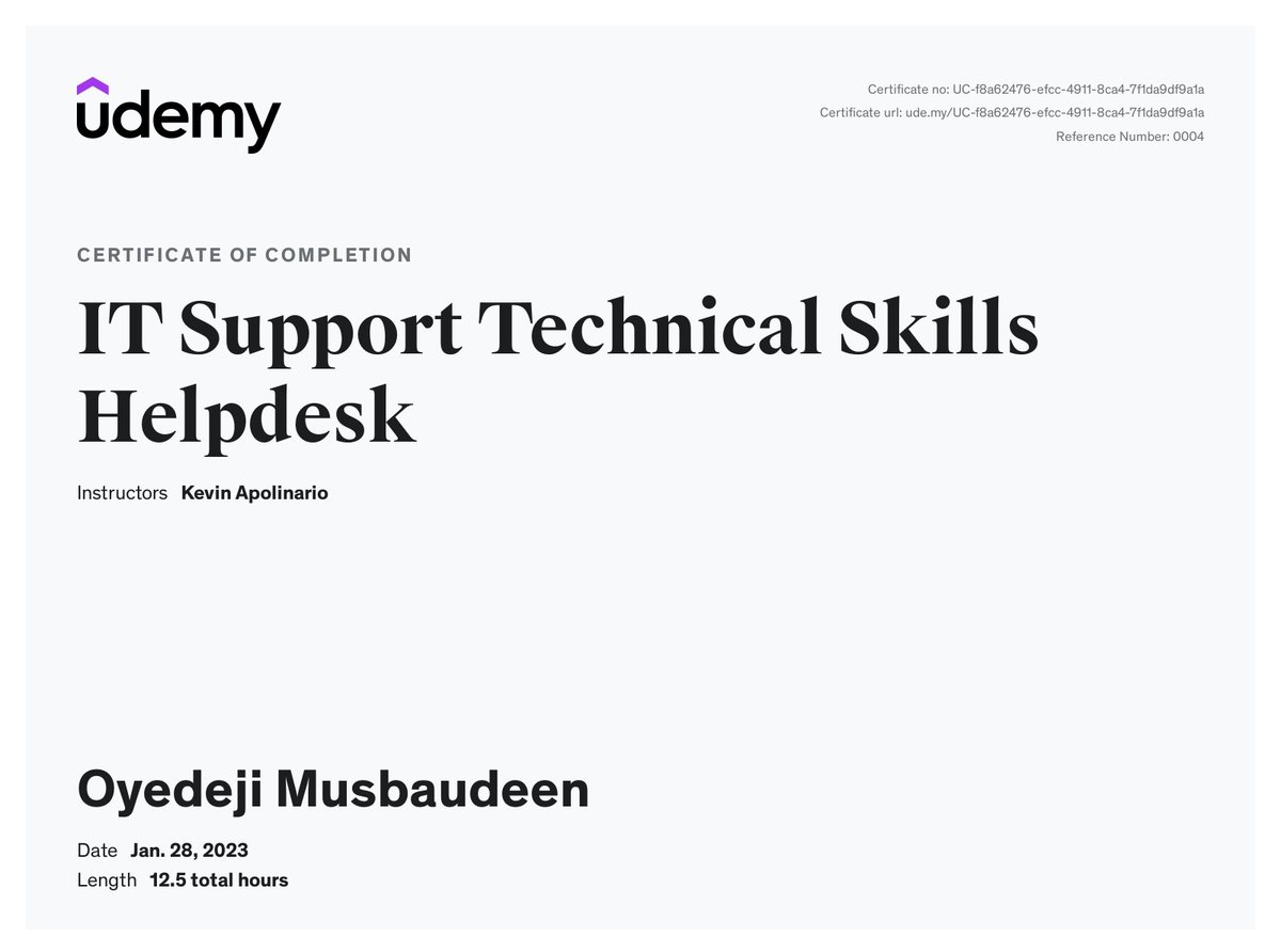 Udemy certificate for IT Support Technical Skills Helpdesk