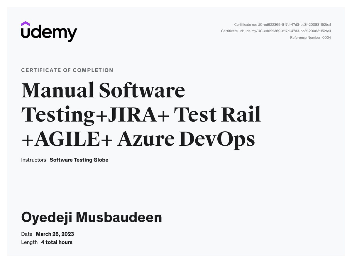 Udemy certificate for manual software testing with JIRA, TestRail, Agile and Azure DevOps