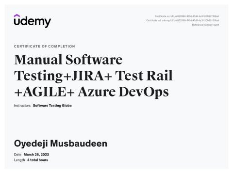 Software testing and Azure DevOps course certificate