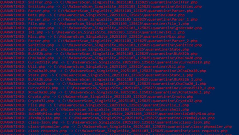 PowerShell console showing infected PHP files being moved into quarantine