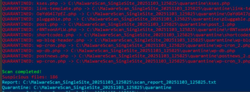 Scan summary showing 186 suspicious files with report and quarantine paths