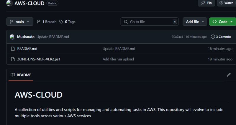 GitHub repository AWS-CLOUD containing the Route53 DNS zone manager PowerShell script