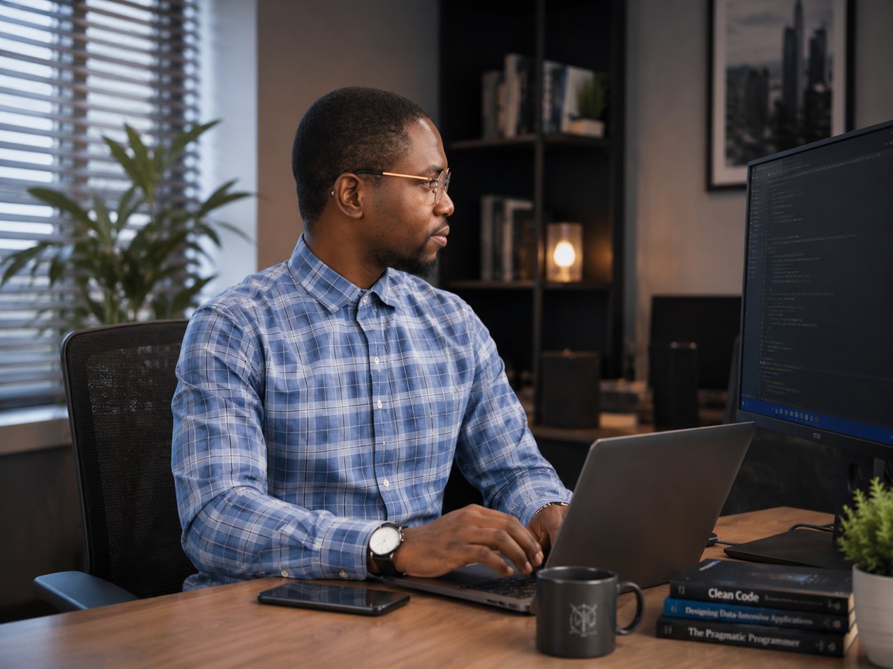 Musbaudeen Oyedeji working at a desk with code on screen